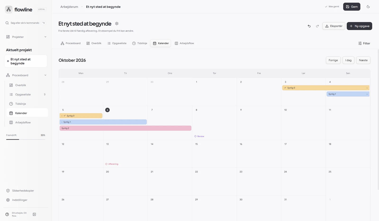 Flowlines kalender med farvede opgaver, der strækker sig over flere datoer.